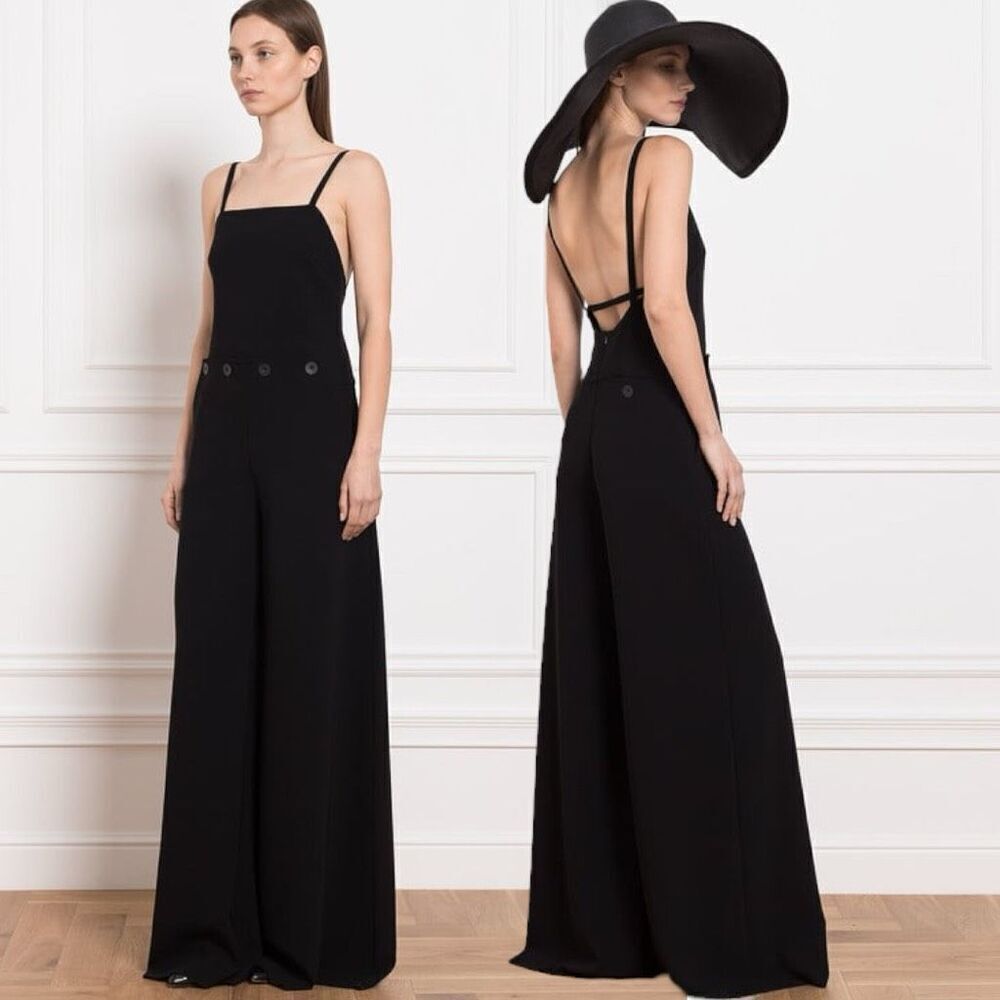 Max Mara Overalls Tabarin Open Back Square Neck Wide Leg Jumpsuit Black Size 2